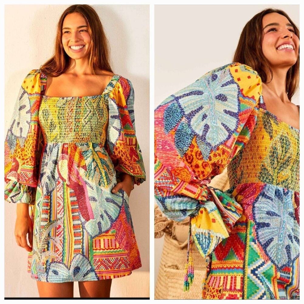 Farm Rio Colorful Print Smocked Long Sleeve Mini Dress Size S - Picture 2 of 7